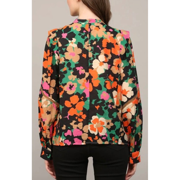 Fate Floral Long Sleeve Mock Neck Tucked Lace Insert Blouse Women's Size Large - Picture 3 of 9